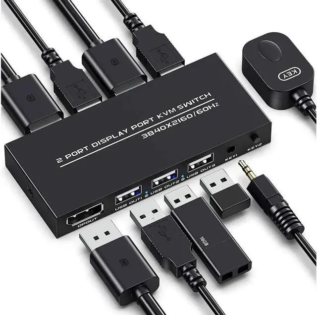Main image of KVM Switch DisplayPort - 2 Port Displayport KVM Switch, Two Computers One Monitor Switch to Share Mouse,Keyboard,Printer,USB and Ultra HD Monitor, Support 4K@60Hz, 2 DP Cable and 2 USB Cable Included