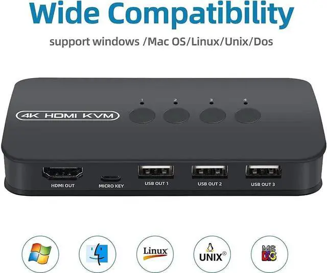 Alt view image 4 of 6 - Aomoproing 4 Ports HDMI KVM Switch, HDMI USB Selector for 4 Computers Share Keyboard Mouse Printer and One HD 4K@30Hz Monitor, Including 4 KVM Cables