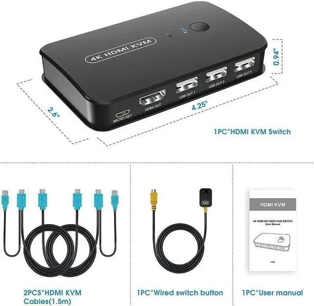 Alt view image 5 of 7 - Aomoproing 2 Port HDMI KVM Switch USB Selector for 2 Computers Sharing Mouse Keyboard Printer to One 4K HD Monitor, KVM Switch HDMI 2 in 1 Out, Wired Controller & HDMI KVM Cables Included