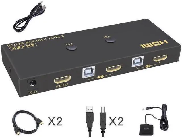 Alt view image 7 of 7 - Aomoproing KVM Switch HDMI 2 Port 4K @60Hz, 2x1 HDMI KVM Switch for 2 Computers Sharing 1 Monitor and 3 USB Devices, with Extension Control Switch and 2 USB Cable & 2 HDMI Cable