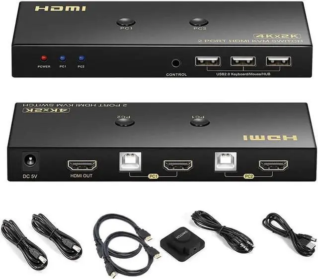 Main image of Aomoproing KVM Switch HDMI 2 Port 4K @60Hz, 2x1 HDMI KVM Switch for 2 Computers Sharing 1 Monitor and 3 USB Devices, with Extension Control Switch and 2 USB Cable & 2 HDMI Cable