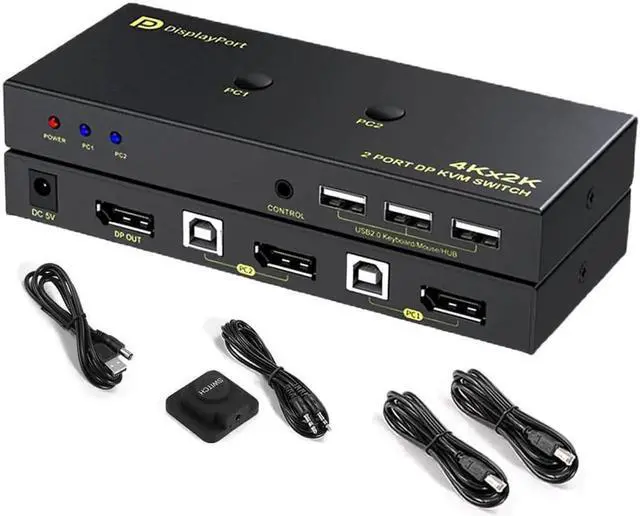 Main image of AomoproiDisplayPort KVM Switch 2 Port, KVM Switch DisplayPort for 2 Computers Sharing 1 Monitor and 3 USB Devices, Support 4K @60Hz, 2K(2560X1440) @120Hz, with Extended Control Switch and 2 USB Cables