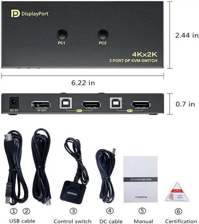 Alt view image 7 of 7 - AomoproiDisplayPort KVM Switch 2 Port, KVM Switch DisplayPort for 2 Computers Sharing 1 Monitor and 3 USB Devices, Support 4K @60Hz, 2K(2560X1440) @120Hz, with Extended Control Switch and 2 USB Cables