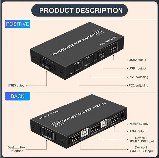 Alt view image 3 of 7 - Aomoproing KVM HDMI USB Switch 2x1, USB Switch 4K HDMI Switcher Box for 2 Computers Share Keyboard Mouse Monitor Support 4K@30Hz for Laptop,PC,Xbox HDTV, with 2x USB Cable,1x Switch Button Cable
