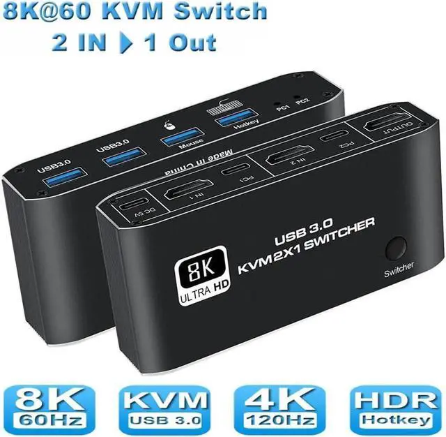Main image of Aomopr2 in 1 Out HDMI KVM Switch, 8K USB Switch 2x1 HDMI2.1 Ports + 4x USB3.0 KVM Ports, Share 2 Computers one Monitor Switch,Supports 8K @60Hz,4K @120Hz,YUV 4:4:4, HDCP 2.3, H-D-R 10, Hotkey, Darkish