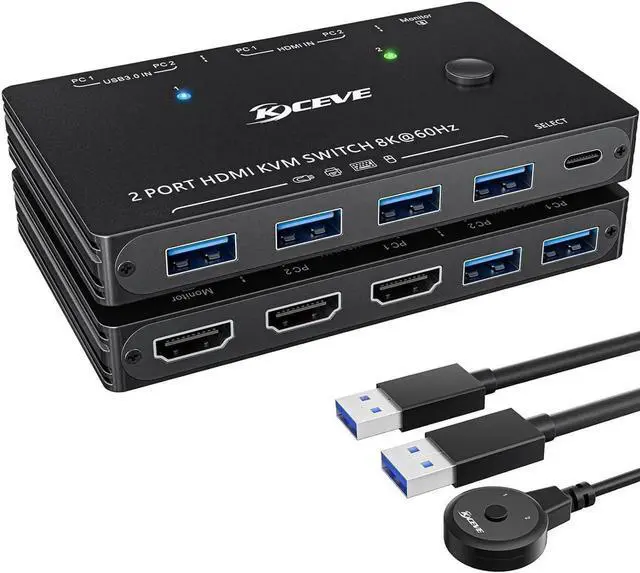 Main image of Aomoproing KVM Switch HDMI 2 Port Box,USB 3.0 and HDMI Switch 8K@60Hz for 2 Computers Share Keyboard Mouse Printer and 1 HD Monitor,with Remote and Cables