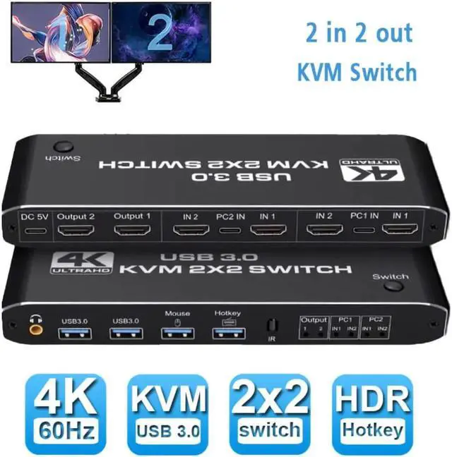 Main image of Monitor HDMI KVM Switch 2x2 USB3.0 HDMI KVM Switch 2 in 2 out 4K 60Hz 2x2 Mixed Display 2 Monitors 2 Computer for PC laptop