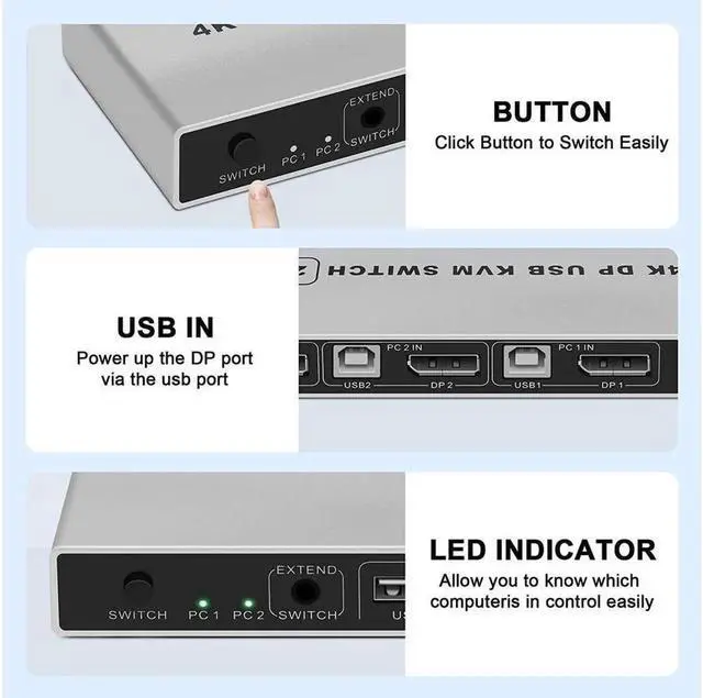 Alt view image 2 of 7 - KVM Switch 2 Port 4K 60Hz USB and DP Switch for 2 Computers Share Keyboard Mouse Printer Monitor for Laptop,PC,Xbox HDTV