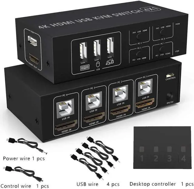 Main image of HDMI KVM Switch 4 Port HDMI,4 in 1 Out KVM Switch 4 Computers Share Keyboard Mouse Printer Monitor Support HUD 4K@60Hz for Laptop,PC,Xbox HDTV, with 4* USB Cable,1* Switch Button&Cable,1* Power Cable