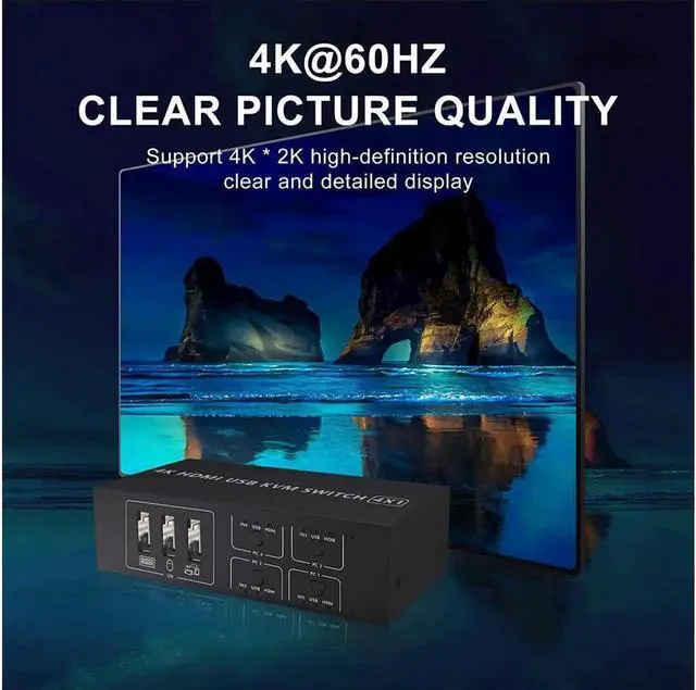 Alt view image 2 of 7 - HDMI KVM Switch 4 Port HDMI,4 in 1 Out KVM Switch 4 Computers Share Keyboard Mouse Printer Monitor Support HUD 4K@60Hz for Laptop,PC,Xbox HDTV, with 4* USB Cable,1* Switch Button&Cable,1* Power Cable