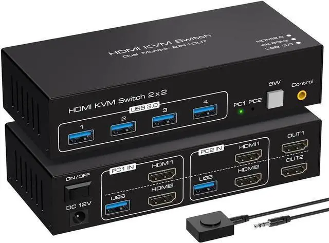 Main image of Aomoproing Dual Monitor KVM Switch HDMI 2 Port 4K60Hz KVM Switcher for 2 Computers 2 Monitors with 4 USB 3.0 Ports Support Copy and Extended Display and Desktop Control Including 2 USB 3.0 Cable