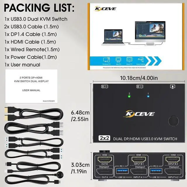 Alt view image 2 of 7 - USB 3.0 Dual Monitor KVM Switch HDMI+Displayport 4K@60Hz,2K@120Hz,Camgeet 2 Monitors 2 Computers KVM Switch for 2 Computer Share 2 Display and 4 USB3.0 Devices.Wired Remote and 4 Cables Included