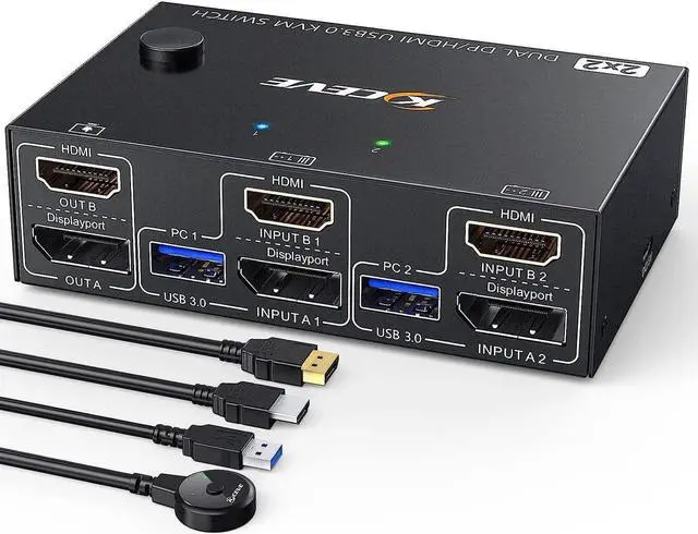 Main image of USB 3.0 Dual Monitor KVM Switch HDMI+Displayport 4K@60Hz,2K@120Hz,Camgeet 2 Monitors 2 Computers KVM Switch for 2 Computer Share 2 Display and 4 USB3.0 Devices.Wired Remote and 4 Cables Included
