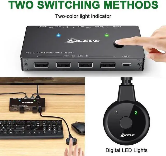 Alt view image 2 of 6 - 2 In 1 Out 4k@60Hz USB-C/HDMI KVM switcher Game switch Plug and Play Control 2 Computer to Share Keyboard Mouse Monitor USB Hub