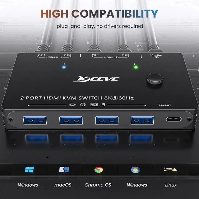 Alt view image 6 of 7 - Aomoproing KVM Switch HDMI 2 Port Box,USB 3.0 and HDMI Switch 8K@60Hz for 2 Computers Share Keyboard Mouse Printer and 1 HD Monitor,with Remote and Cables