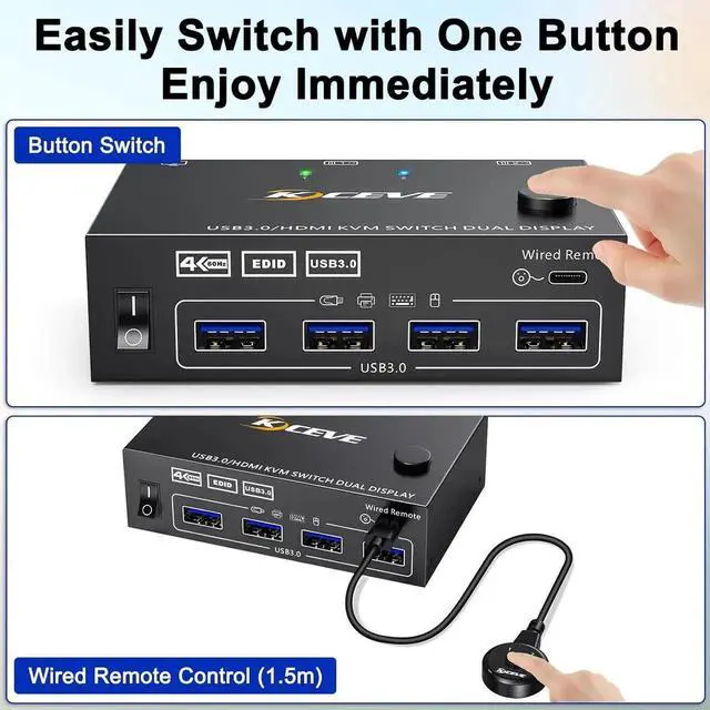 Alt view image 3 of 7 - AomUSB 3.0 HDMI KVM Switch 2 Monitors 2 Computers 4K@60Hz 2K@144Hz, EDID Emulator, Camgeet Dual Monitor KVM Switch for 2 Computers Share 2 Displays and 4 USB 3.0 Ports,Wired Remote and Cables Included