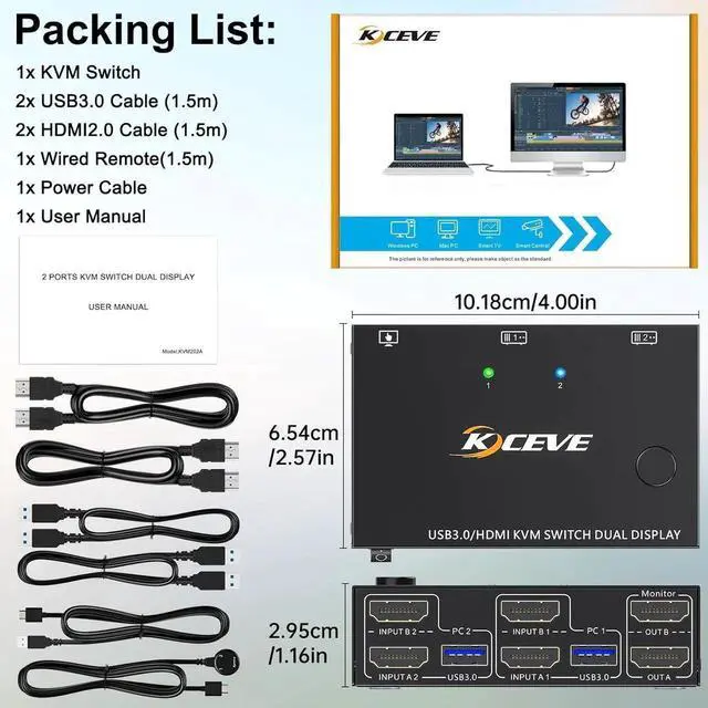 Alt view image 7 of 7 - AomUSB 3.0 HDMI KVM Switch 2 Monitors 2 Computers 4K@60Hz 2K@144Hz, EDID Emulator, Camgeet Dual Monitor KVM Switch for 2 Computers Share 2 Displays and 4 USB 3.0 Ports,Wired Remote and Cables Included