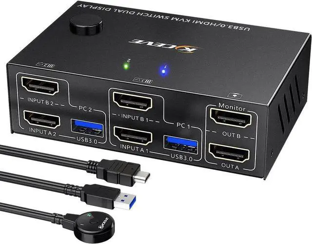 Main image of AomUSB 3.0 HDMI KVM Switch 2 Monitors 2 Computers 4K@60Hz 2K@144Hz, EDID Emulator, Camgeet Dual Monitor KVM Switch for 2 Computers Share 2 Displays and 4 USB 3.0 Ports,Wired Remote and Cables Included