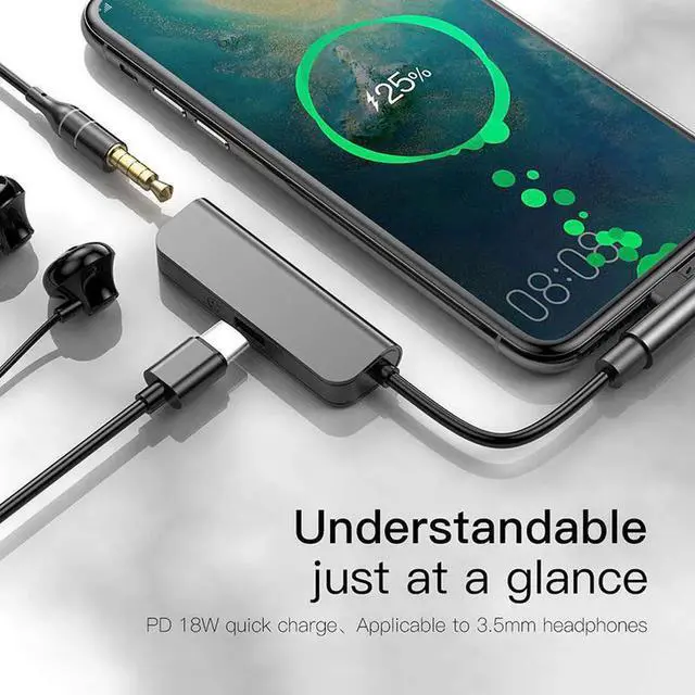 Alt view image 6 of 6 - Baseus USB Type C to 3.5mm Jack Earphone Aux Adapter PD 18W USB C Type C OTG Cable For Huawei Samsung Note 10 Plus USBC Splitter