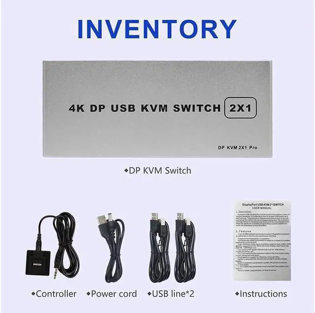 Alt view image 5 of 7 - USB KVM Switch 2 Port 4K 60Hz USB and DP Switch for 2 Computers Share Keyboard Mouse Printer Monitor for Laptop,PC, Xbox HDTV, with 2x USB Cable, 1x Switch Button Cable, 1x Power Cable