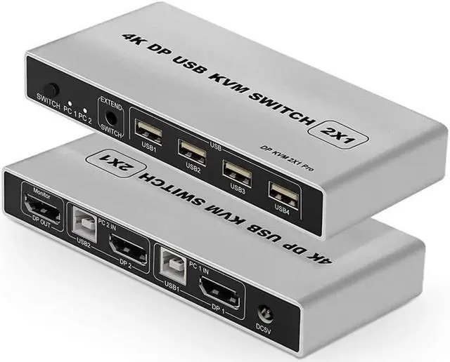 Main image of USB KVM Switch 2 Port 4K 60Hz USB and DP Switch for 2 Computers Share Keyboard Mouse Printer Monitor for Laptop,PC, Xbox HDTV, with 2x USB Cable, 1x Switch Button Cable, 1x Power Cable
