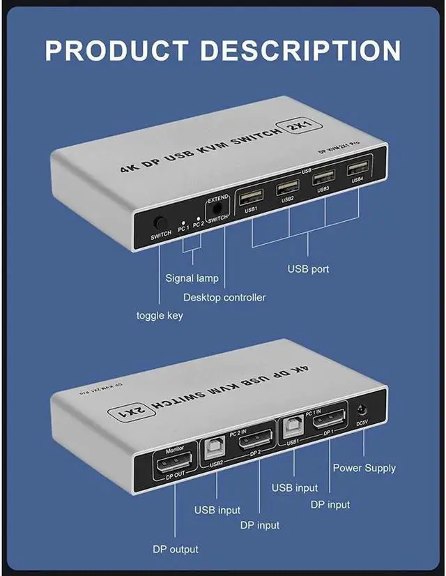 Alt view image 4 of 7 - USB KVM Switch 2 Port 4K 60Hz USB and DP Switch for 2 Computers Share Keyboard Mouse Printer Monitor for Laptop,PC, Xbox HDTV, with 2x USB Cable, 1x Switch Button Cable, 1x Power Cable