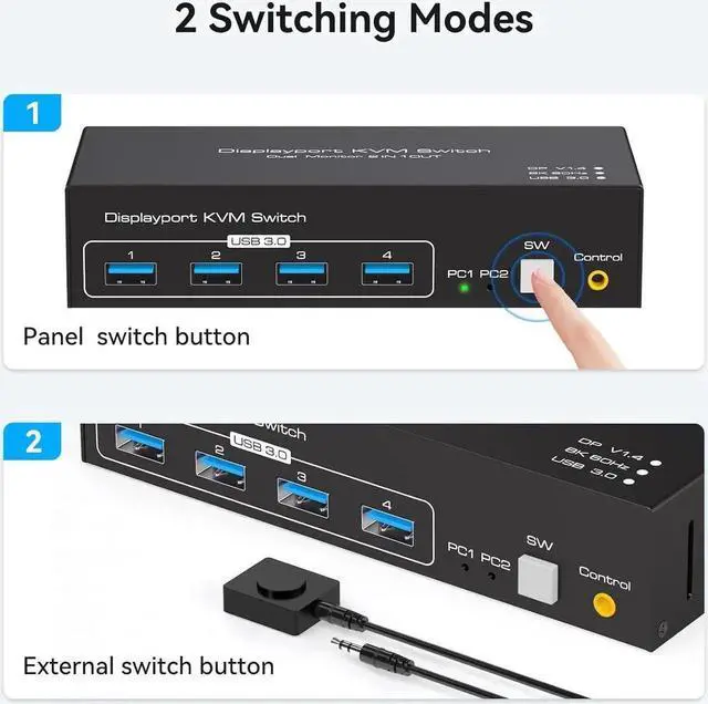 Alt view image 6 of 7 - 8K Displayport KVM Switch Dual Monitor 4K@120Hz USB 3.0 KVM Switches for 2 Computers Share 2 Monitors and 4 USB Devices, 12V/1A DC Adapter, Wired Extension Button and 2 USB 3.0 Cables Included