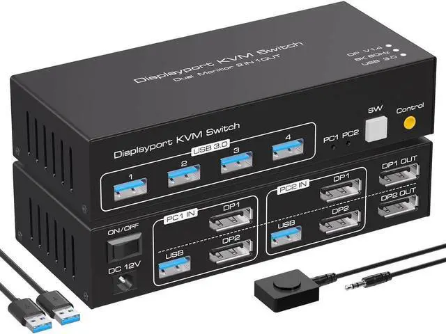 Main image of 8K Displayport KVM Switch Dual Monitor 4K@120Hz USB 3.0 KVM Switches for 2 Computers Share 2 Monitors and 4 USB Devices, 12V/1A DC Adapter, Wired Extension Button and 2 USB 3.0 Cables Included
