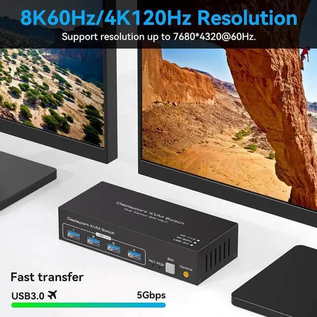 Alt view image 7 of 7 - 8K Displayport KVM Switch Dual Monitor 4K@120Hz USB 3.0 KVM Switches for 2 Computers Share 2 Monitors and 4 USB Devices, 12V/1A DC Adapter, Wired Extension Button and 2 USB 3.0 Cables Included