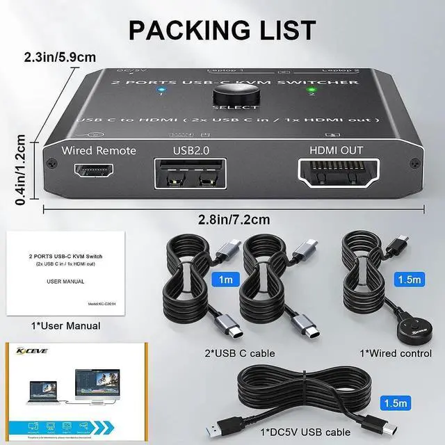 Alt view image 5 of 7 - Aomoproing USB Type C KVM Switch 4K@60Hz, 2-Port Type C to HDMI Switcher for 2 USB-C Port Laptops Share 1 HDMI Monitor and USB Devices, with Wired Remote and USB-C Cable