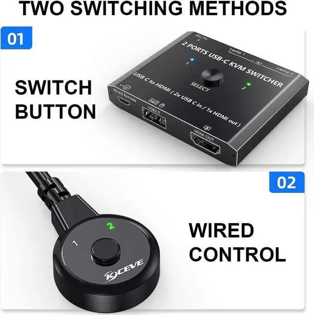 Alt view image 4 of 7 - Aomoproing USB Type C KVM Switch 4K@60Hz, 2-Port Type C to HDMI Switcher for 2 USB-C Port Laptops Share 1 HDMI Monitor and USB Devices, with Wired Remote and USB-C Cable