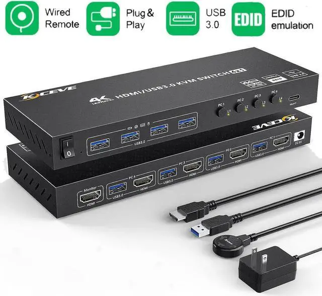 Main image of 4 Port USB 3.0 HDMI KVM Switch Support 4K@60Hz 2K@120Hz RGB 4:4:4 Simulation EDID, HDMI Switch 4 in 1 Out with 4 USB 3.0 Port for Keyboard Mouse Printer,with Controller, USB3.0 Cables and HD-MI Cables