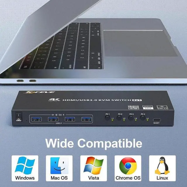 Alt view image 3 of 7 - 4 Port USB 3.0 HDMI KVM Switch Support 4K@60Hz 2K@120Hz RGB 4:4:4 Simulation EDID, HDMI Switch 4 in 1 Out with 4 USB 3.0 Port for Keyboard Mouse Printer,with Controller, USB3.0 Cables and HD-MI Cables