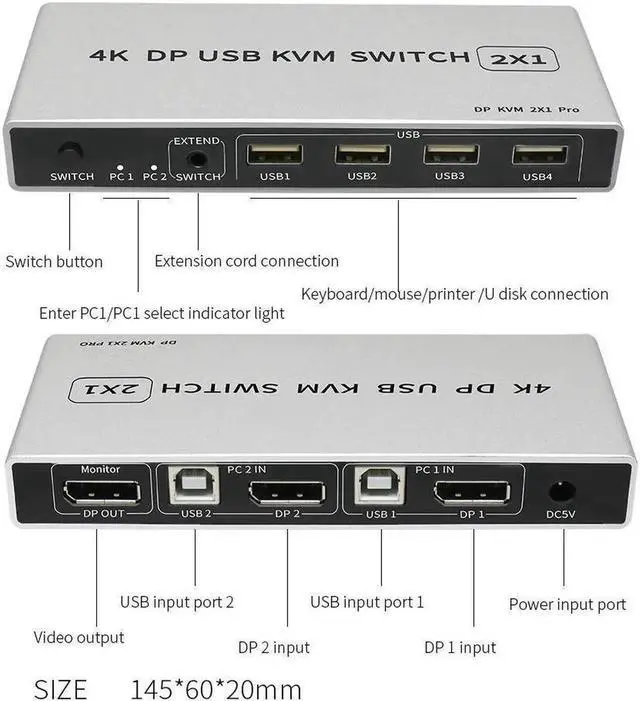 Alt view image 7 of 7 - 2 Ports Displayport KVM Switch Displayport USB Displayport KVM 144Hz DP Switcher 4KX2K/60Hz 2K/144Hz Displayport 2 in 1 out Displayport USB KVM Switcher 2 Desktop PC hosts Sharing Keyboard Mouse