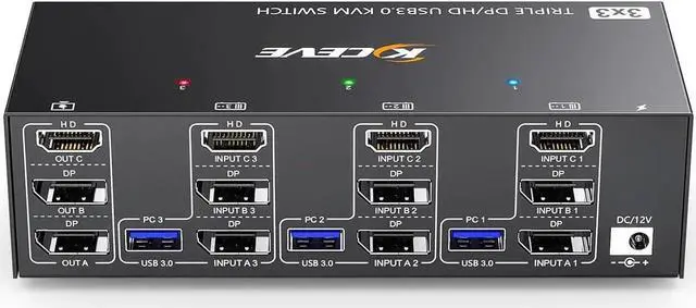 Main image of KVM Switch 3 Monitors 3 Computers 8K@60Hz 4K@144Hz, Camgeet HDMI+2 Displayport KVM Switch Triple Monitor for 3 Computer Share 3 Monitor and 4 USB3.0 Devices,Wired Remote and 12V power adapter Included
