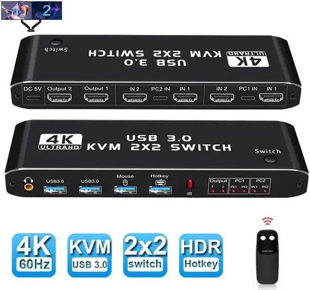 Main image of Monitor HDMI KVM Switch 2 Monitors 2 Computers 2 in 2 Out, 4K @60Hz USB HDMI KVM Switches with Audio HDMI2.0 Ports+4x USB 3.0, Supports 4K 60Hz, RGB 4:4:4, HDR, HDCP, Hotkey, Darkish (USB 3.0)