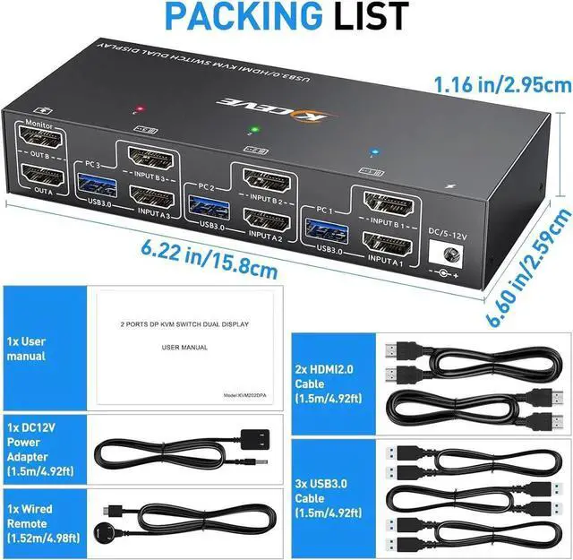 Alt view image 4 of 7 - Aomoproing Dual Monitor KVM Switch USB 3.0 HDMI KVM Switch 2 Monitors 3 Computers 4K@60Hz 2K@144Hz, EDID Emulator, Dual Monitor KVM Switch with 4 USB 3.0 Ports,Wired Remote and Cables Included