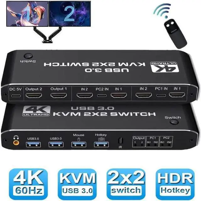 Main image of Monitor HDMI USB 3.0 KVM Switch, 2x2 USB3.0 HDMI KVM Switch, 2 in 2 Out 4K @60Hz HDMI KVM Switcher 2x2 Mixed Display 2 Monitors 2 Computer for PC laptop