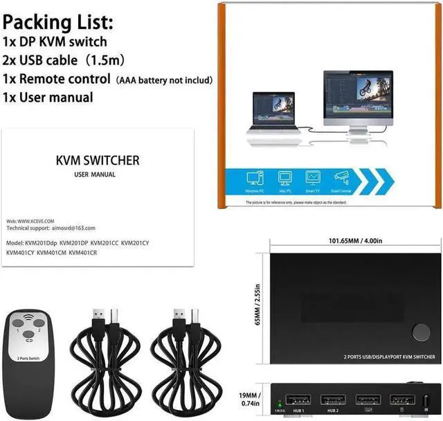 Alt view image 3 of 7 - 2 in 1 Out Dispplayport KVM Switch, 2 Port DP KVM Switcher with 2.0 USB Hub Support 4K @60Hz Control Up to 2 Computers for Share Keyboard, Mouse, Monitor