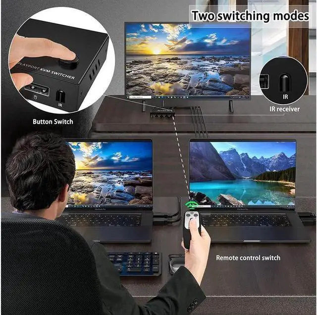 Alt view image 6 of 7 - 2 in 1 Out Dispplayport KVM Switch, 2 Port DP KVM Switcher with 2.0 USB Hub Support 4K @60Hz Control Up to 2 Computers for Share Keyboard, Mouse, Monitor