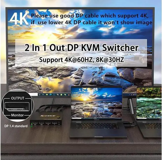 Alt view image 4 of 7 - 2 in 1 Out Dispplayport KVM Switch, 2 Port DP KVM Switcher with 2.0 USB Hub Support 4K @60Hz Control Up to 2 Computers for Share Keyboard, Mouse, Monitor