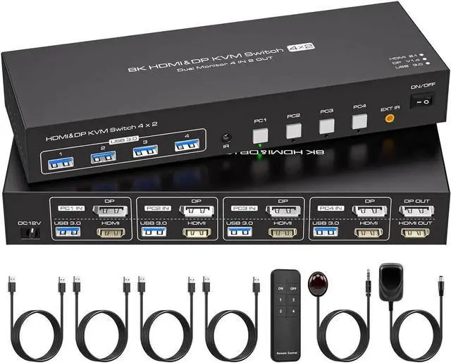 Main image of Dual Monitor KVM Switch HDMI+Displayport 4 Computers 2 Monitors 8K@60Hz 4K@120Hz 4 Port KVM Switches Support 4 PCs Share 4 USB Devices Support Copy and Extend Mode with External Accessories