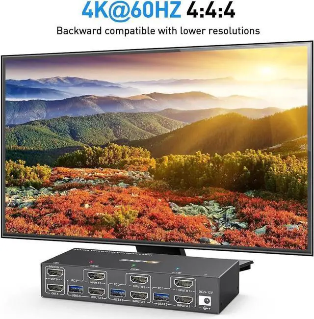 Alt view image 2 of 7 - Aomoproing Dual Monitor KVM Switch USB 3.0 HDMI KVM Switch 2 Monitors 3 Computers 4K@60Hz 2K@144Hz, EDID Emulator, Dual Monitor KVM Switch with 4 USB 3.0 Ports,Wired Remote and Cables Included