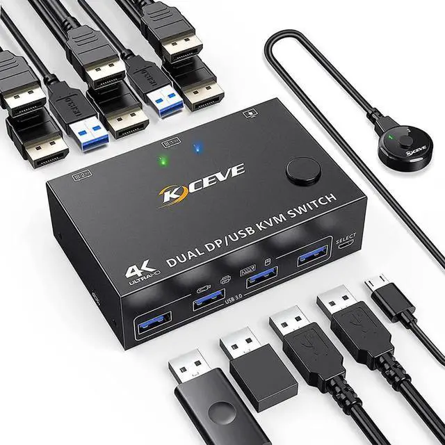Main image of Dual Monitor KVM Switch DisplayPort 1.4 USB 3.0 Switcher Controls Splitter For Computer Laptop Sharing Keyboard Mouse Printer