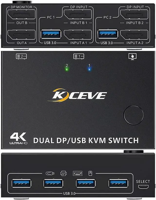 Alt view image 4 of 6 - Dual Monitor KVM Switch DisplayPort 1.4 USB 3.0 Switcher Controls Splitter For Computer Laptop Sharing Keyboard Mouse Printer