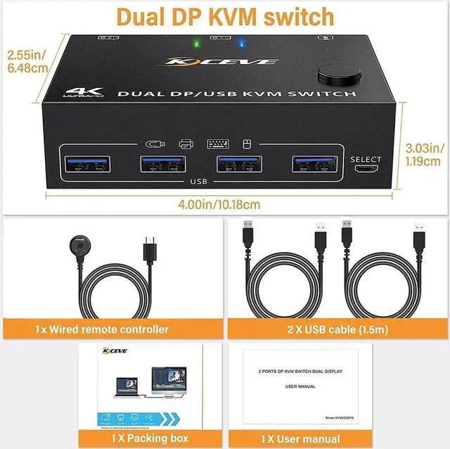 Alt view image 5 of 6 - Dual Monitor KVM Switch DisplayPort 1.4 USB 3.0 Switcher Controls Splitter For Computer Laptop Sharing Keyboard Mouse Printer