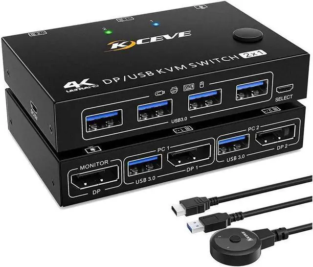 Main image of 2 Ports Displayport KVM Switch Support 3440x1440 @144Hz,3840x2160 @60Hz for 2 PC 1 Monitor to Share 4 USB 3.0 Devices, USb 3.0 DP KVM Switch 2 in 1 Out Includes 2x USB 3.0 Cables and Wired Controller