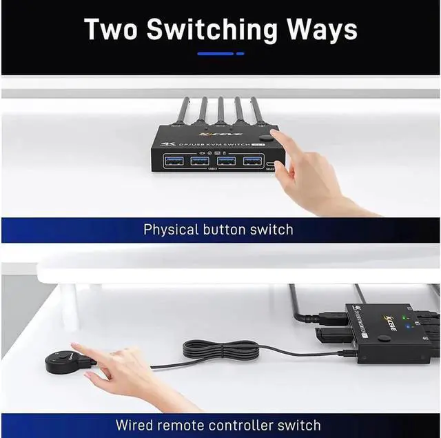 Alt view image 7 of 7 - 2 Ports Displayport KVM Switch Support 3440x1440 @144Hz,3840x2160 @60Hz for 2 PC 1 Monitor to Share 4 USB 3.0 Devices, USb 3.0 DP KVM Switch 2 in 1 Out Includes 2x USB 3.0 Cables and Wired Controller