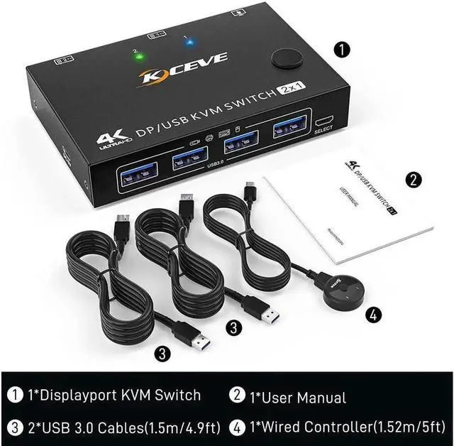 Alt view image 2 of 7 - 2 Ports Displayport KVM Switch Support 3440x1440 @144Hz,3840x2160 @60Hz for 2 PC 1 Monitor to Share 4 USB 3.0 Devices, USb 3.0 DP KVM Switch 2 in 1 Out Includes 2x USB 3.0 Cables and Wired Controller