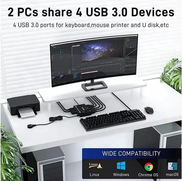 Alt view image 3 of 7 - 2 Ports Displayport KVM Switch Support 3440x1440 @144Hz,3840x2160 @60Hz for 2 PC 1 Monitor to Share 4 USB 3.0 Devices, USb 3.0 DP KVM Switch 2 in 1 Out Includes 2x USB 3.0 Cables and Wired Controller